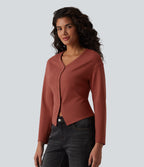 V-neck Long Sleeve Button Fly Casual Top — Goose Crest Red — view 4