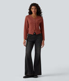 V-neck Long Sleeve Button Fly Casual Top — Goose Crest Red — view 7