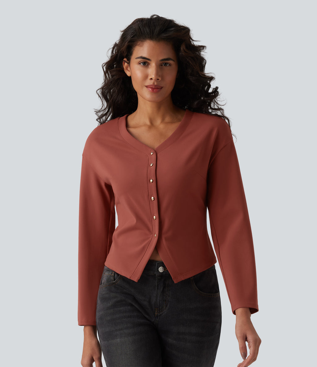 V-neck Long Sleeve Button Fly Casual Top — Goose Crest Red — view 3