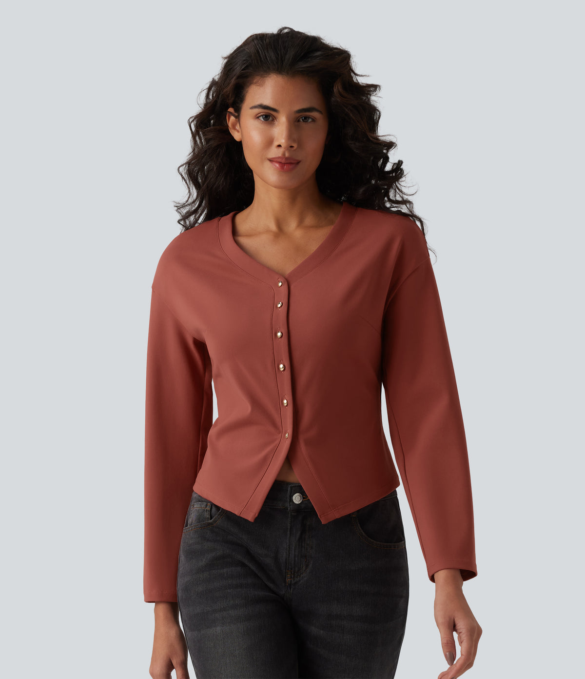 V-neck Long Sleeve Button Fly Casual Top — Goose Crest Red — view 3