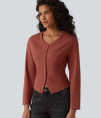 V-neck Long Sleeve Button Fly Casual Top — Goose Crest Red — view 1