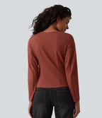 V-neck Long Sleeve Button Fly Casual Top — Goose Crest Red — view 2