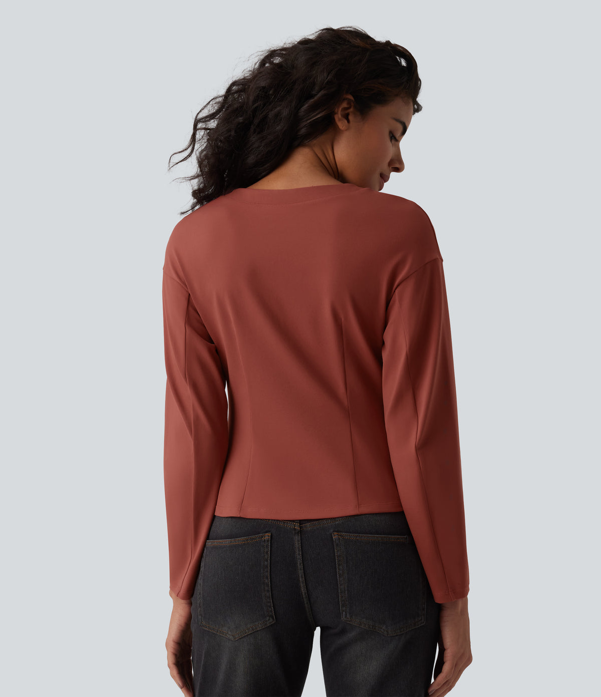 V-neck Long Sleeve Button Fly Casual Top — Goose Crest Red — view 2