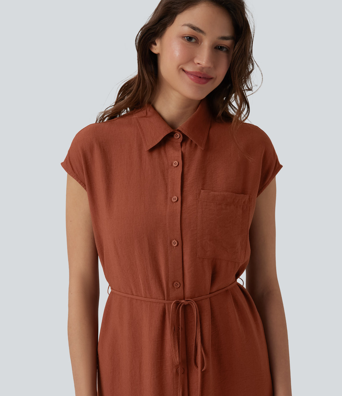 Collar Cap Sleeve Belted Curved Split Hem Midi Casual Shirt Dress with Pockets — Bruschetta — view 4