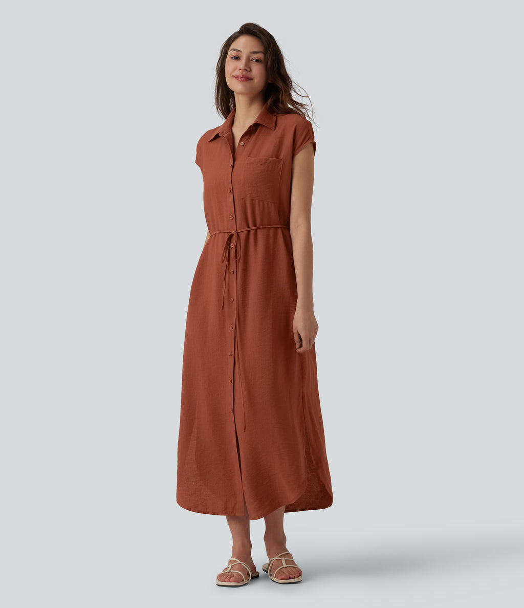 Collar Cap Sleeve Belted Curved Split Hem Midi Casual Shirt Dress with Pockets — Bruschetta — view 3
