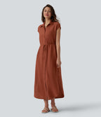Collar Cap Sleeve Belted Curved Split Hem Midi Casual Shirt Dress with Pockets — Bruschetta — view 3