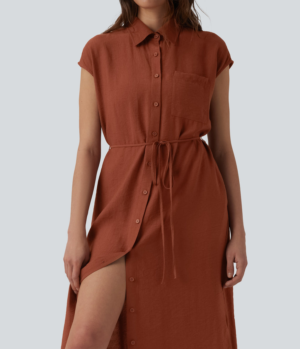 Collar Cap Sleeve Belted Curved Split Hem Midi Casual Shirt Dress with Pockets — Bruschetta — view 6