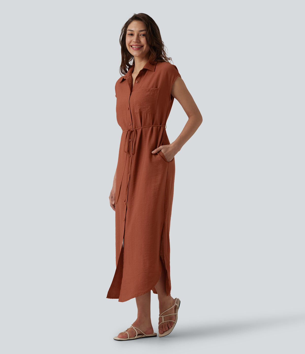 Collar Cap Sleeve Belted Curved Split Hem Midi Casual Shirt Dress with Pockets — Bruschetta — view 1