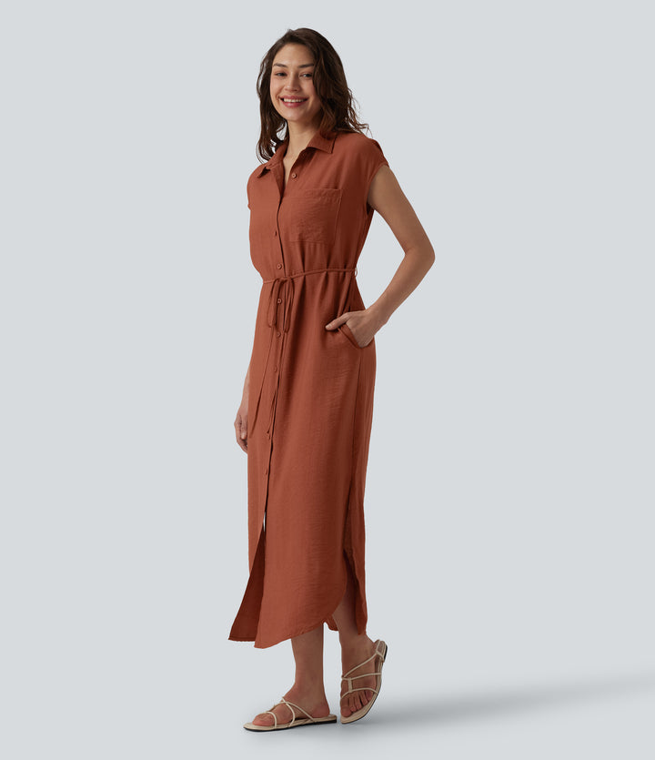 Collar Cap Sleeve Belted Curved Split Hem Midi Casual Shirt Dress with Pockets — Bruschetta — view 1