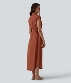 Collar Cap Sleeve Belted Curved Split Hem Midi Casual Shirt Dress with Pockets — Bruschetta — view 2