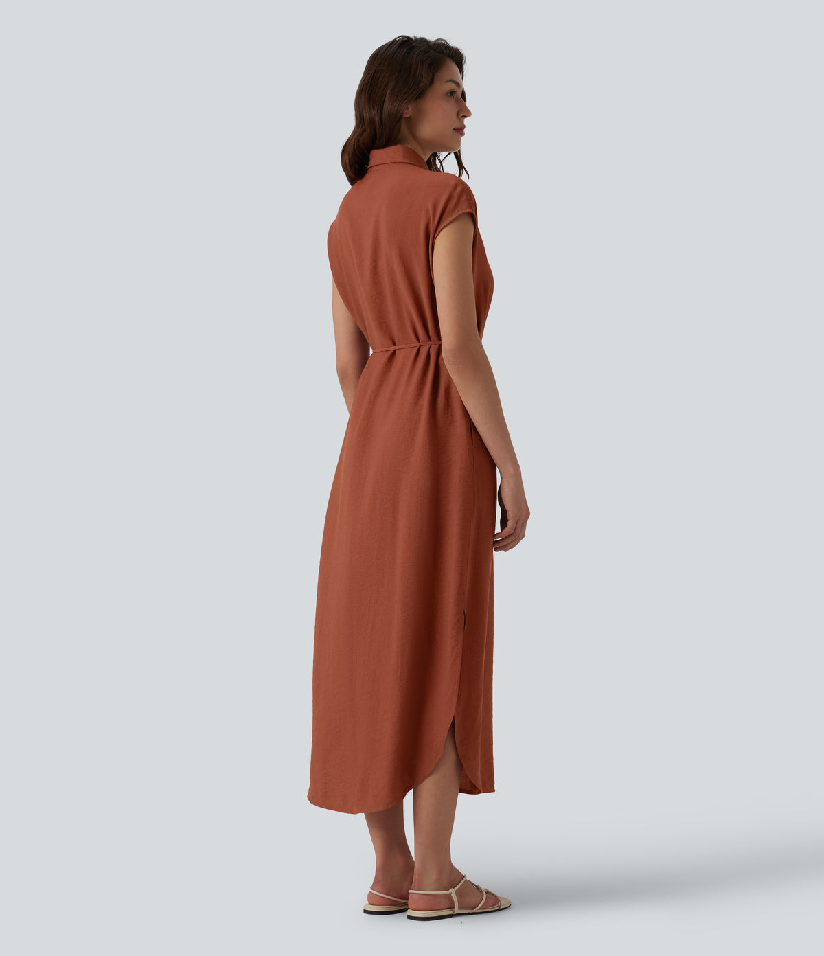 Collar Cap Sleeve Belted Curved Split Hem Midi Casual Shirt Dress with Pockets — Bruschetta — view 2