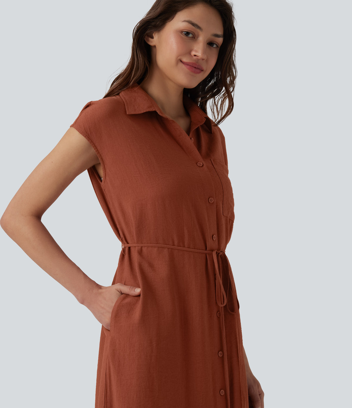 Collar Cap Sleeve Belted Curved Split Hem Midi Casual Shirt Dress with Pockets — Bruschetta — view 5