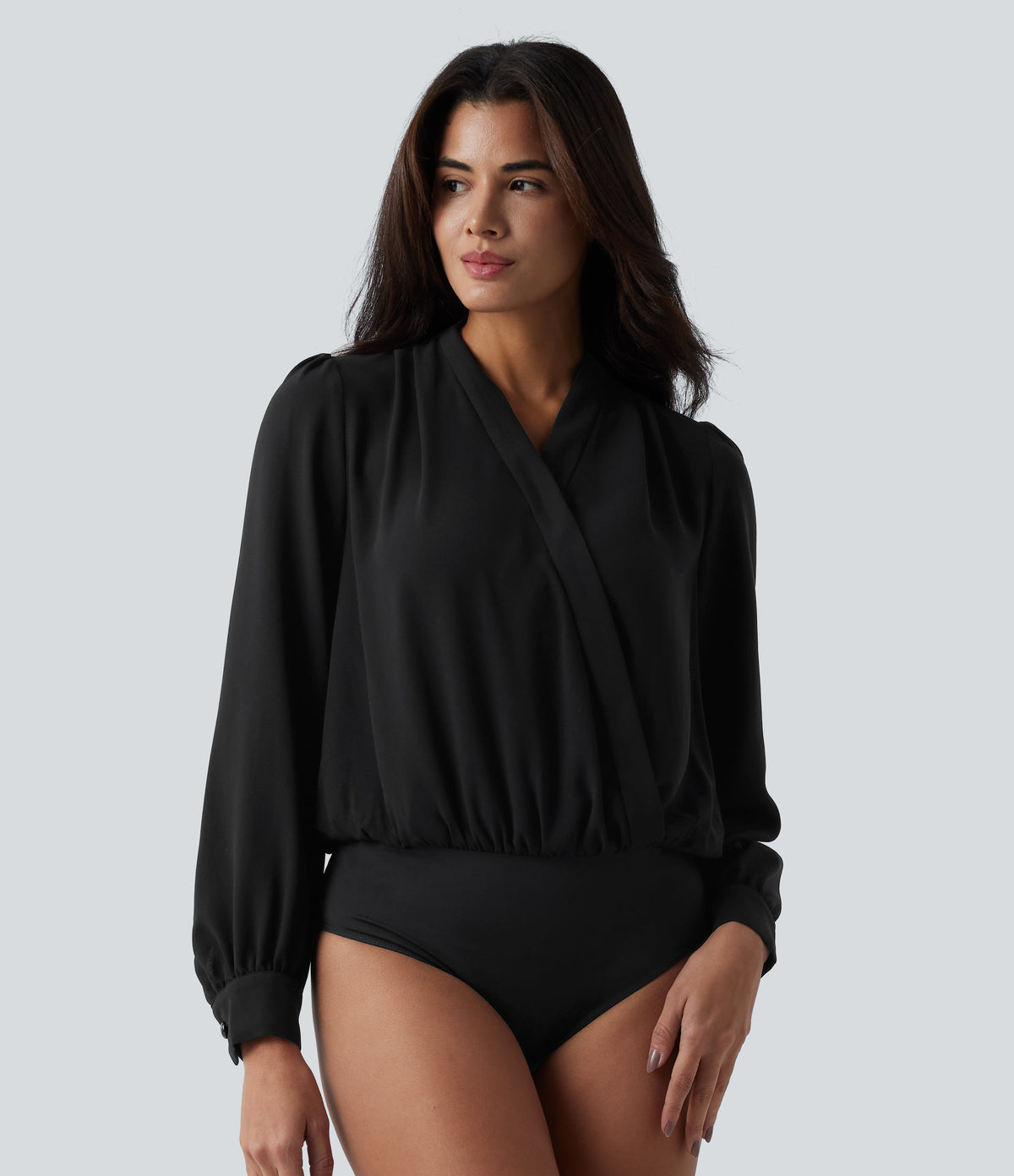 Crossover Long Sleeve Work Bodysuit — Black — view 2