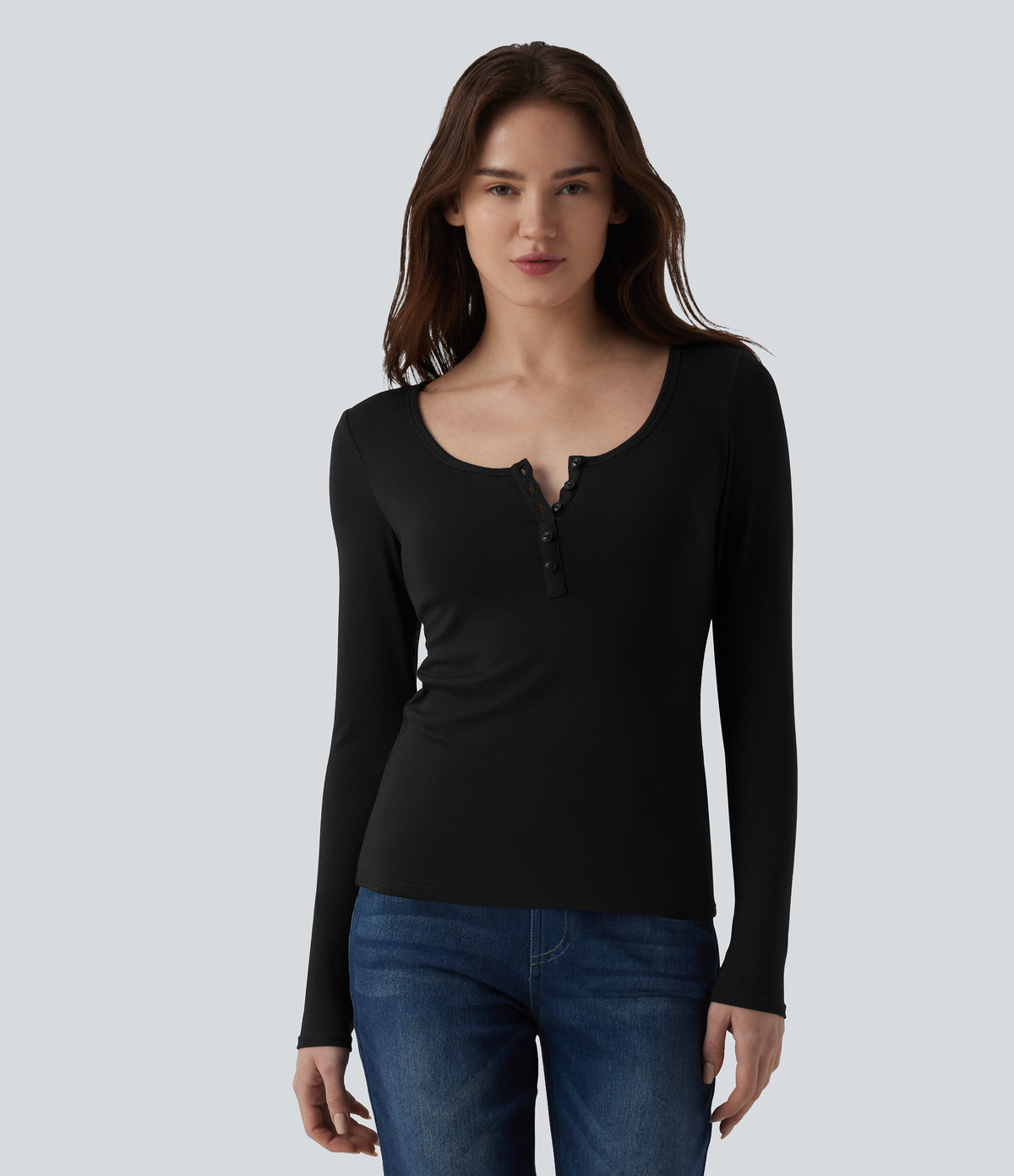 Ribbed Henley Neck Long Sleeve Slim Casual T-Shirt — Black — view 5