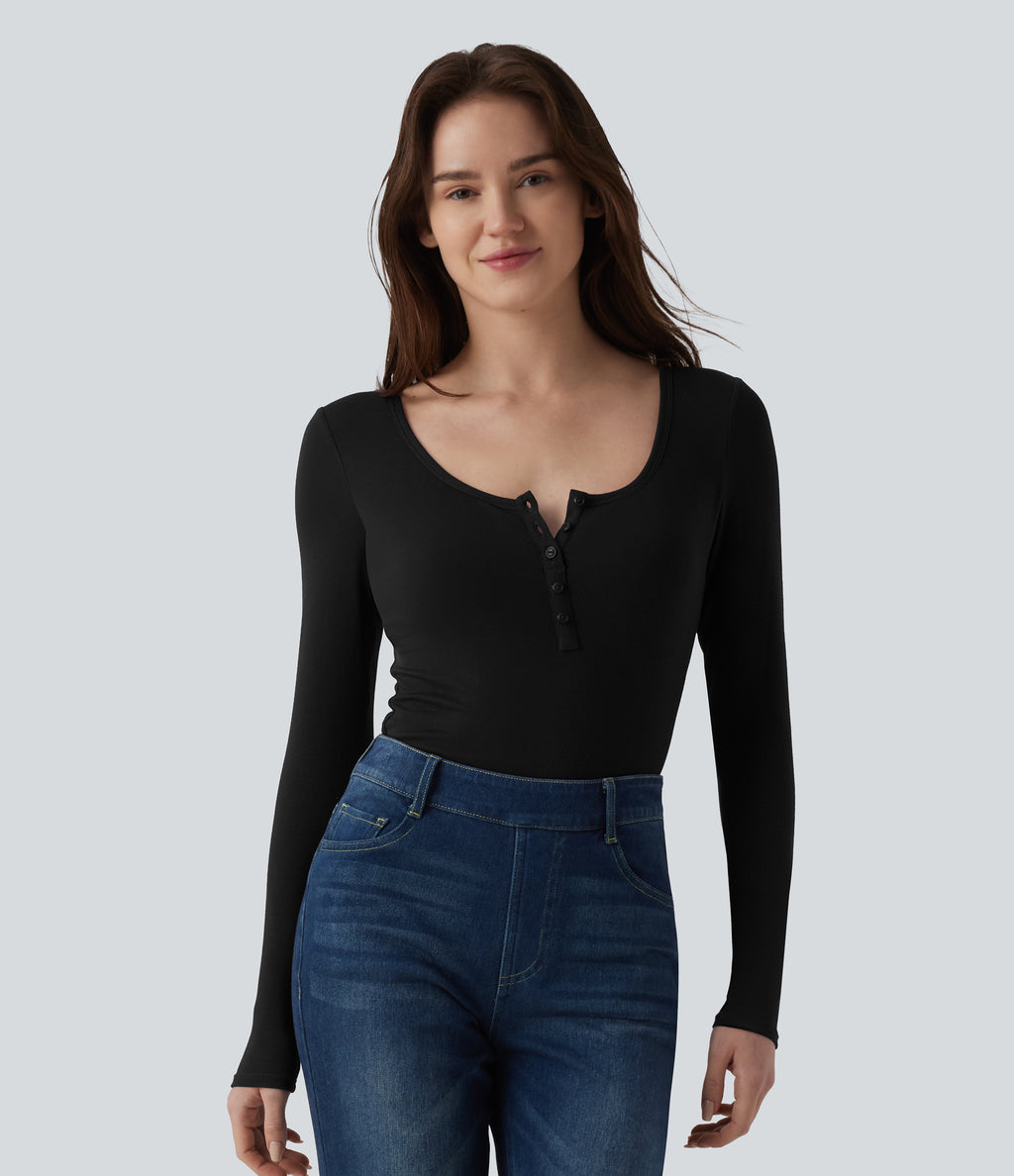 Ribbed Henley Neck Long Sleeve Slim Casual T-Shirt — Black — view 1