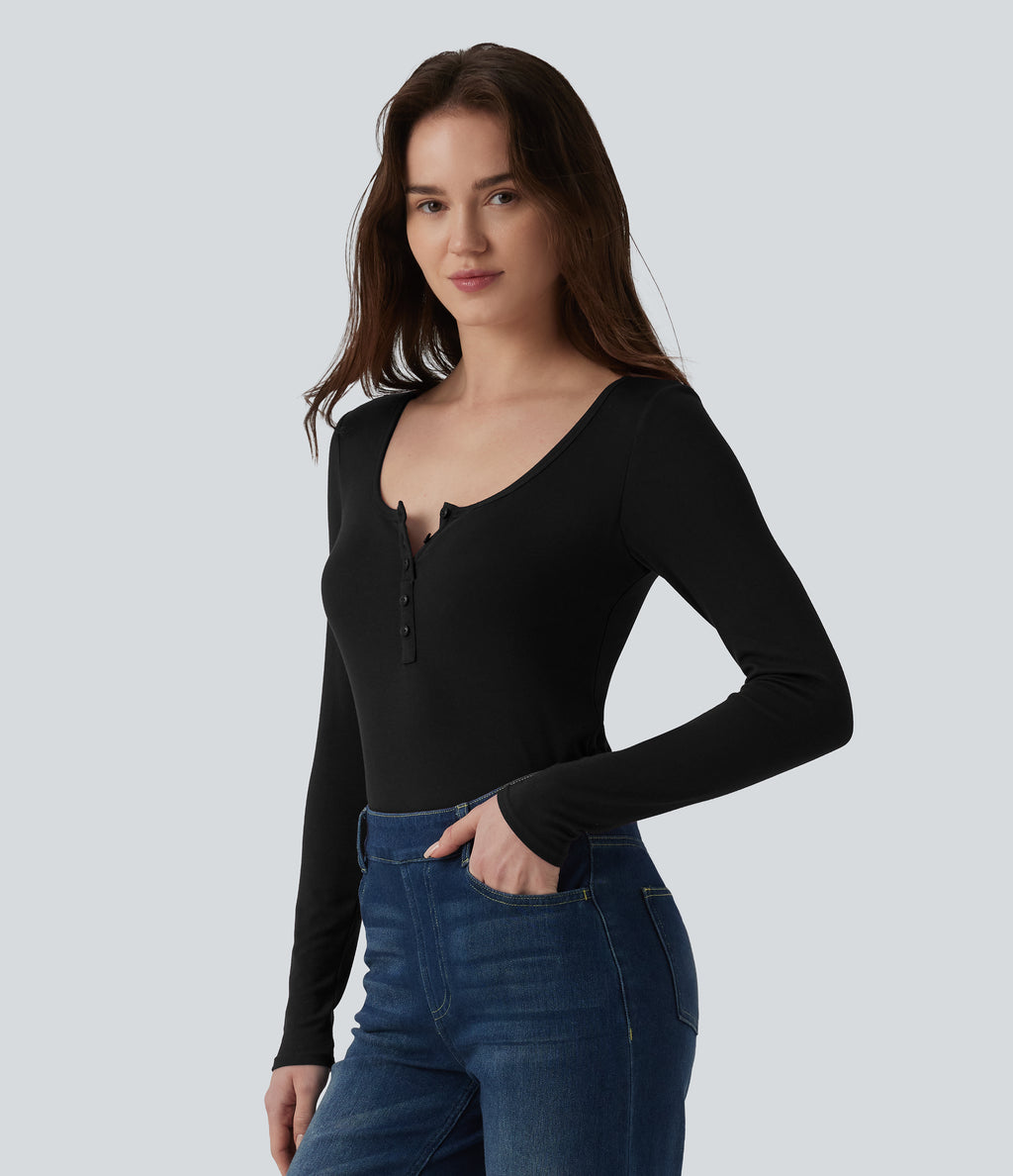 Ribbed Henley Neck Long Sleeve Slim Casual T-Shirt — Black — view 3