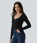 Ribbed Henley Neck Long Sleeve Slim Casual T-Shirt — Black — view 3