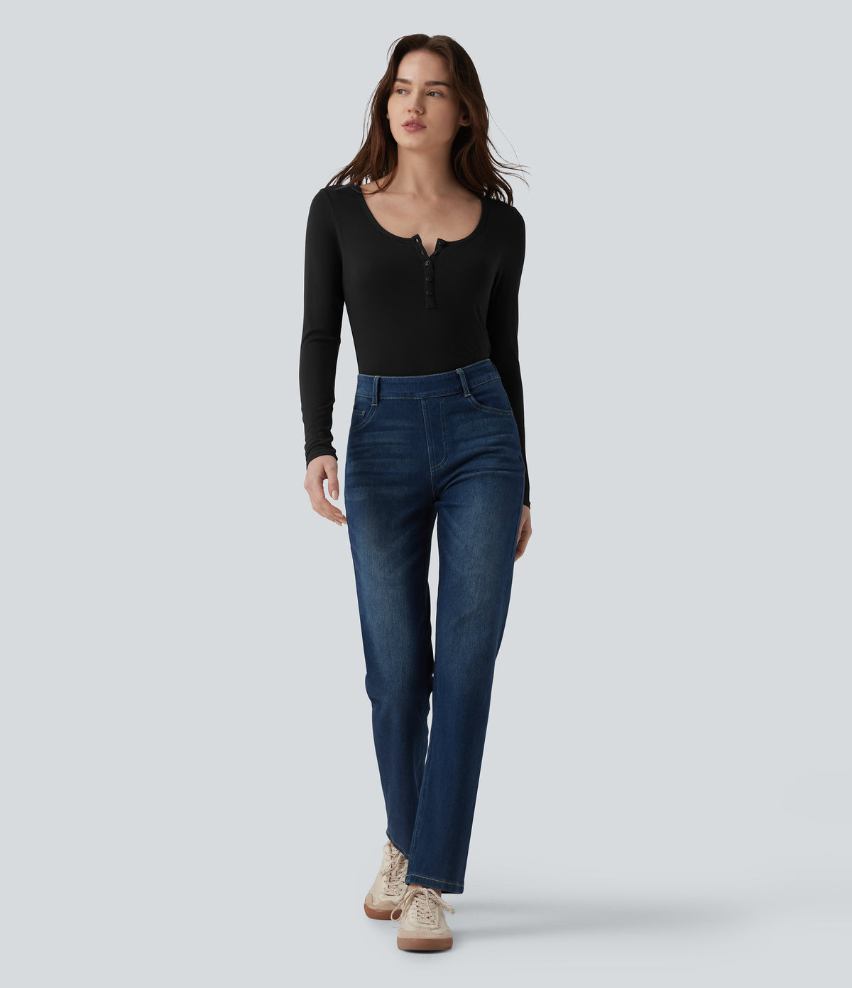 Ribbed Henley Neck Long Sleeve Slim Casual T-Shirt — Black — view 6