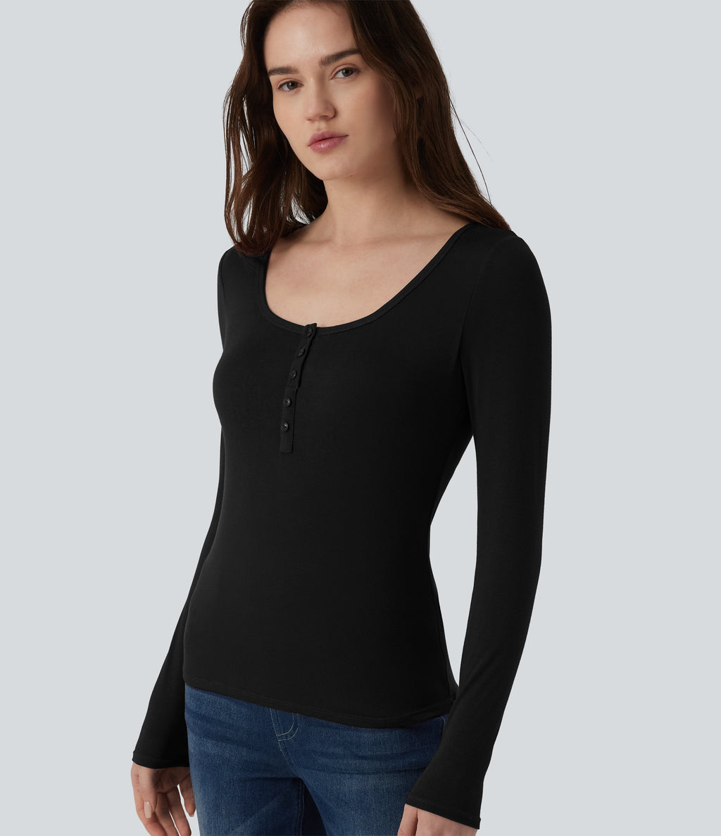 Ribbed Henley Neck Long Sleeve Slim Casual T-Shirt — Black — view 4