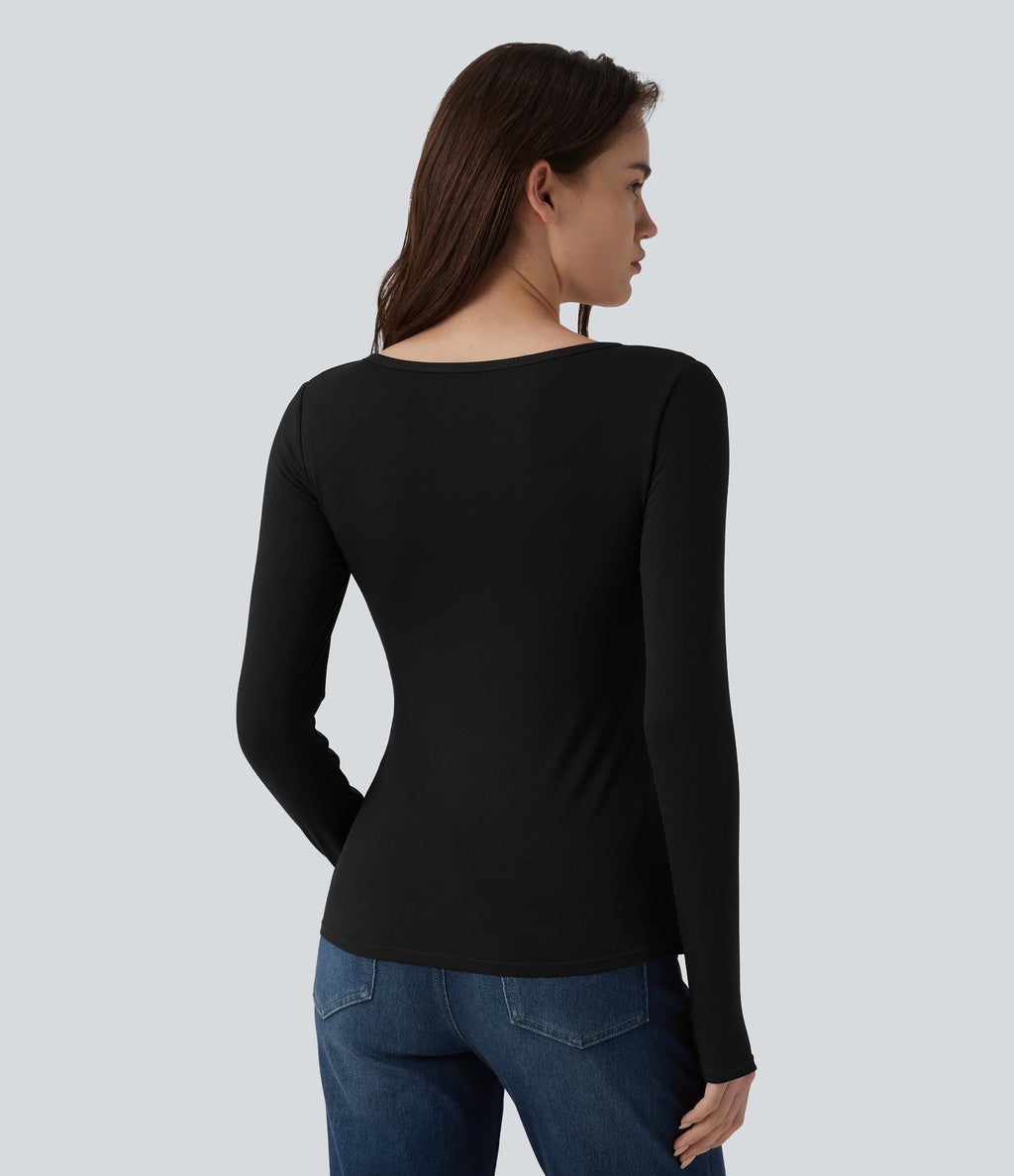 Ribbed Henley Neck Long Sleeve Slim Casual T-Shirt — Black — view 2