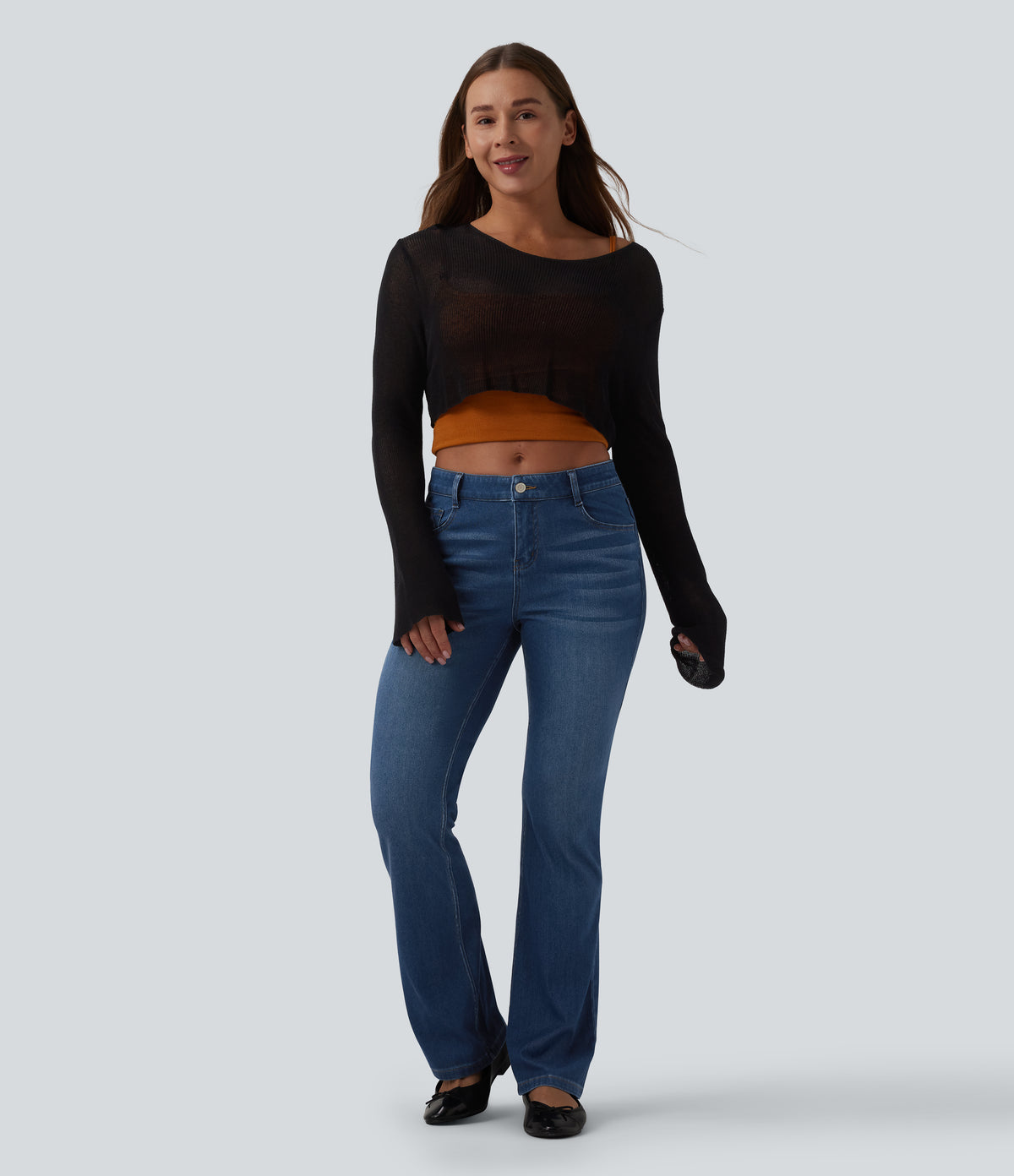 Low Rise Bootcut Draped Lyocell Casual Jeans with Pockets — Tide Blue Denim — view 6