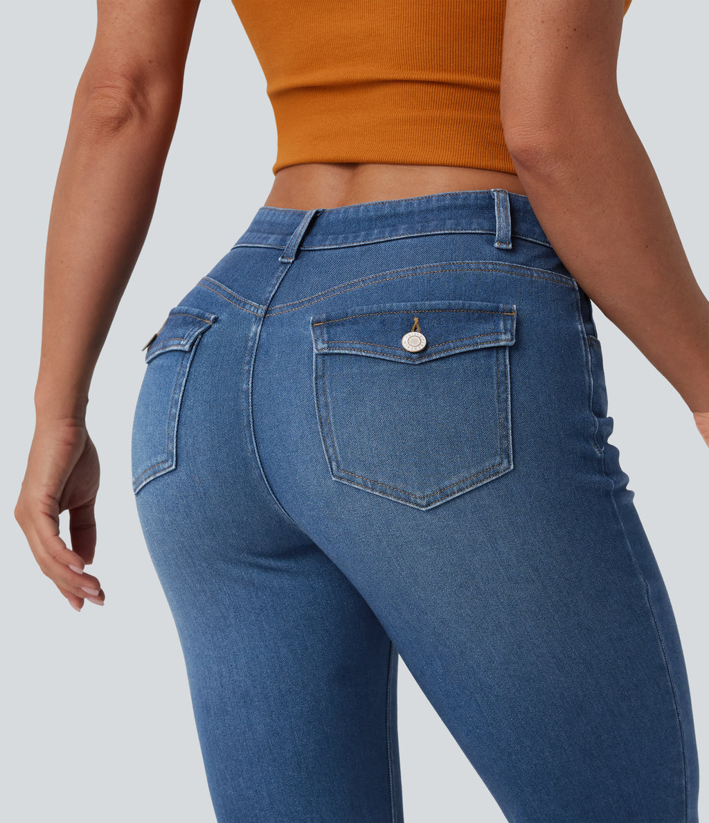 Low Rise Bootcut Draped Lyocell Casual Jeans with Pockets — Tide Blue Denim — view 4