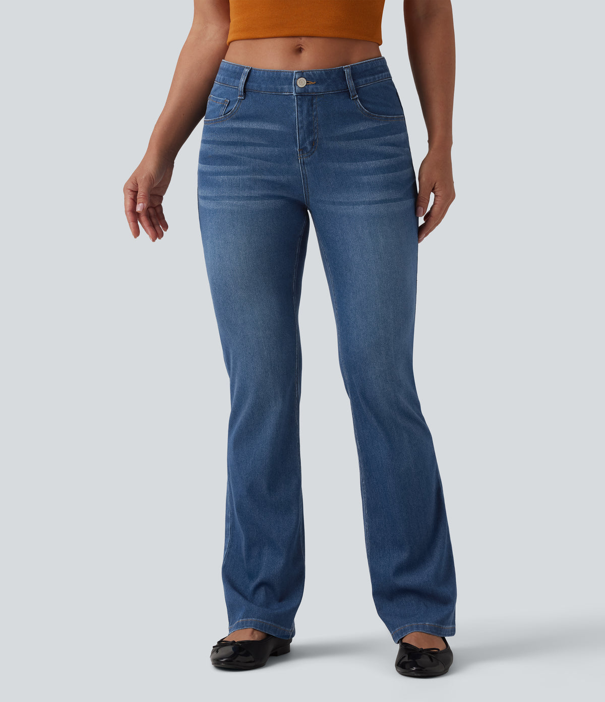 Low Rise Bootcut Draped Lyocell Casual Jeans with Pockets — Tide Blue Denim — view 2