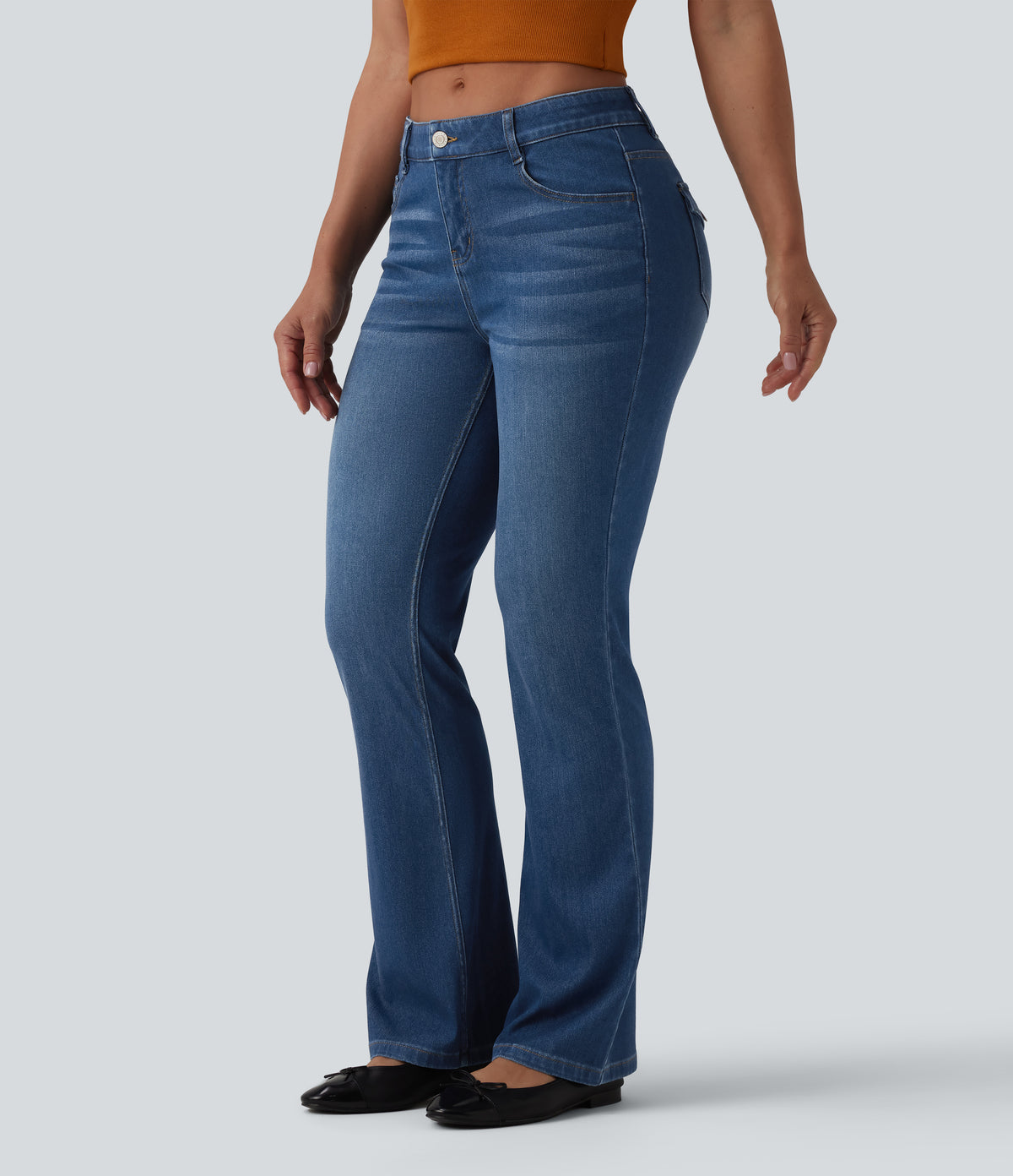 Low Rise Bootcut Draped Lyocell Casual Jeans with Pockets — Tide Blue Denim — view 3