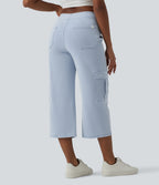 Mid Rise Straight Leg Cropped Casual Cargo Jeans with Pockets — Denim Cyan Blue — view 2