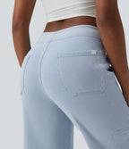 Mid Rise Straight Leg Cropped Casual Cargo Jeans with Pockets — Denim Cyan Blue — view 5