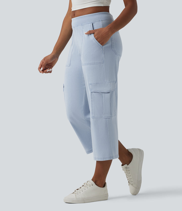 Mid Rise Straight Leg Cropped Casual Cargo Jeans with Pockets — Denim Cyan Blue — view 1