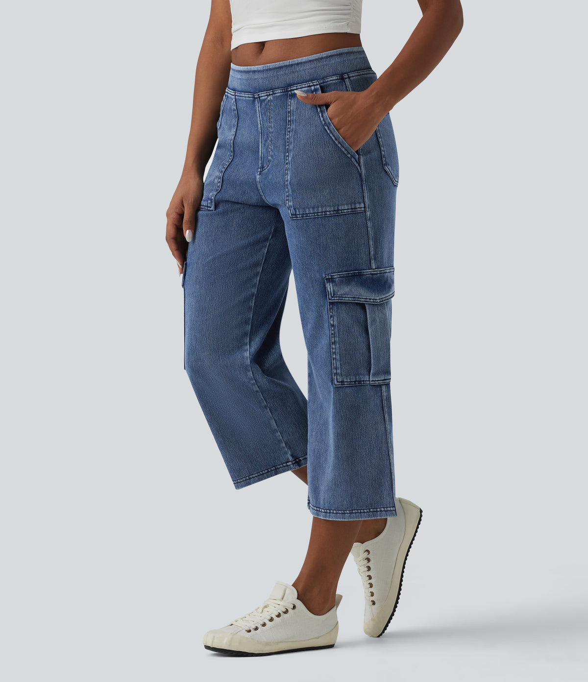 Mid Rise Straight Leg Cropped Casual Cargo Jeans with Pockets — Orchid Blue Denim — view 7