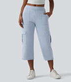 Mid Rise Straight Leg Cropped Casual Cargo Jeans with Pockets — Denim Cyan Blue — view 3