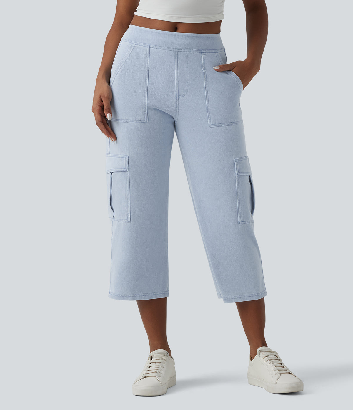Mid Rise Straight Leg Cropped Casual Cargo Jeans with Pockets — Denim Cyan Blue — view 3