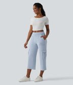 Mid Rise Straight Leg Cropped Casual Cargo Jeans with Pockets — Denim Cyan Blue — view 6