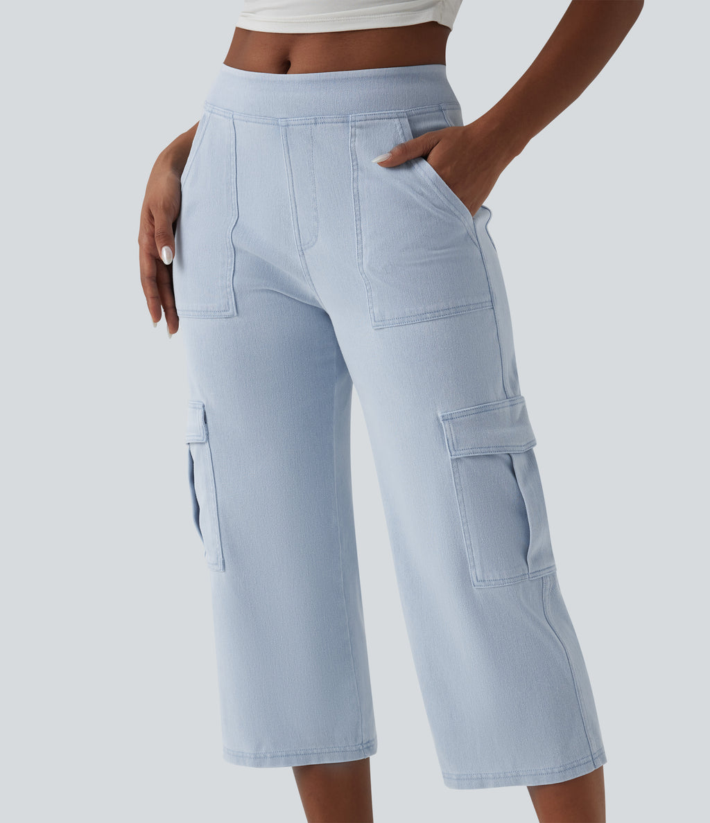 Mid Rise Straight Leg Cropped Casual Cargo Jeans with Pockets — Denim Cyan Blue — view 4