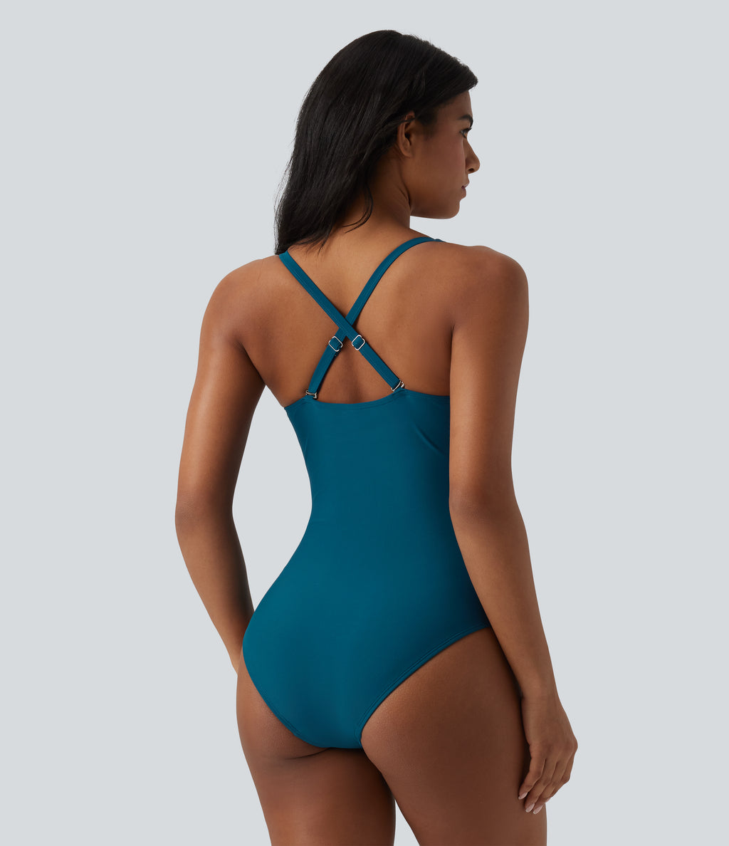 Queen Anne Neck Adjustable Straps Twisted Ruched Push-Up Tummy Control One Piece Swimsuit — Sailor Blue — view 4