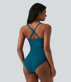 Queen Anne Neck Adjustable Straps Twisted Ruched Push-Up Tummy Control One Piece Swimsuit — Sailor Blue — view 4