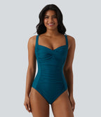 Queen Anne Neck Adjustable Straps Twisted Ruched Push-Up Tummy Control One Piece Swimsuit — Sailor Blue — view 3