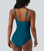Queen Anne Neck Adjustable Straps Twisted Ruched Push-Up Tummy Control One Piece Swimsuit — Sailor Blue — view 6