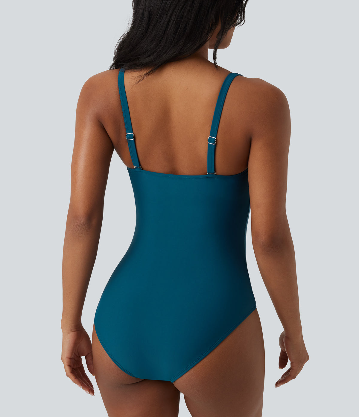 Queen Anne Neck Adjustable Straps Twisted Ruched Push-Up Tummy Control One Piece Swimsuit — Sailor Blue — view 6