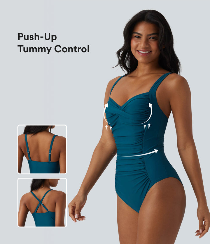 Queen Anne Neck Adjustable Straps Twisted Ruched Push-Up Tummy Control One Piece Swimsuit — Sailor Blue — view 1