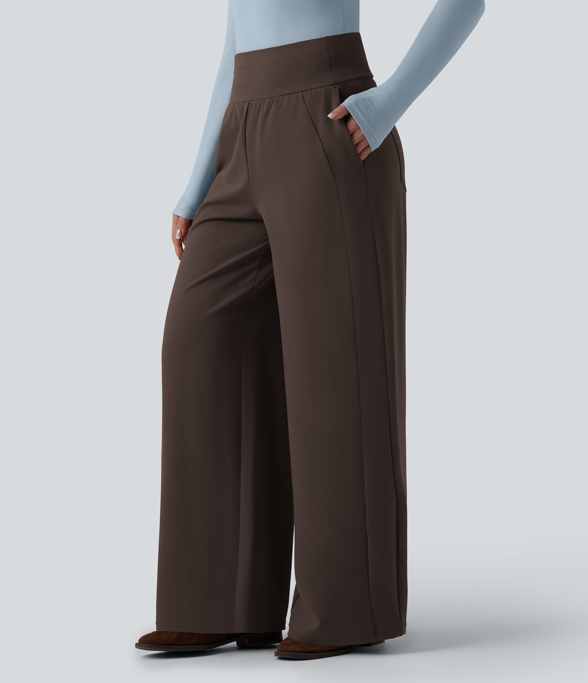 High Waisted Wide Leg Casual Trousers with Pockets — Dark Cinnamon — view 8