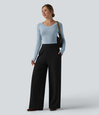 High Waisted Wide Leg Casual Trousers with Pockets — Black — view 7