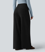 High Waisted Wide Leg Casual Trousers with Pockets — Black — view 2