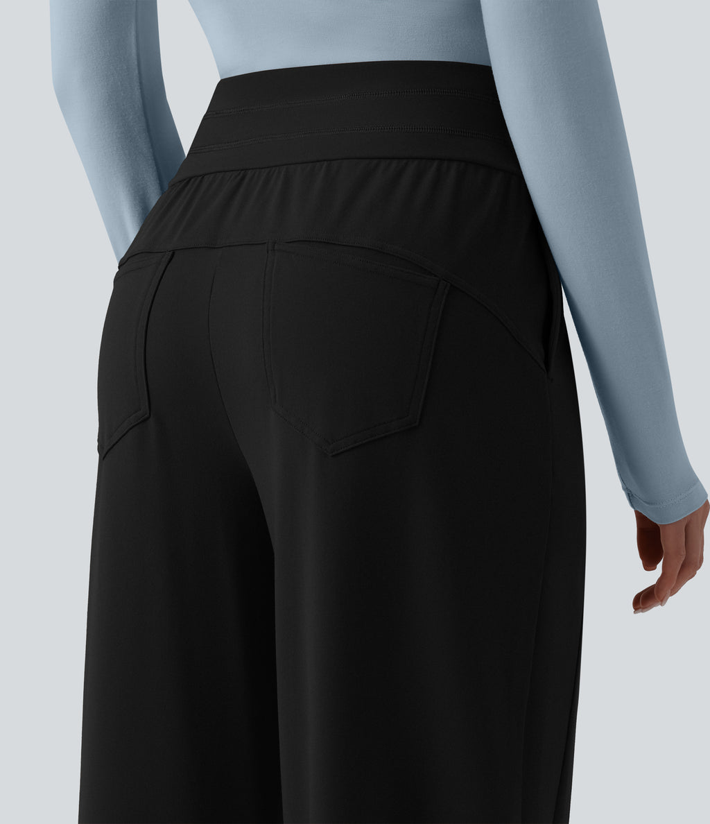 High Waisted Wide Leg Casual Trousers with Pockets — Black — view 5