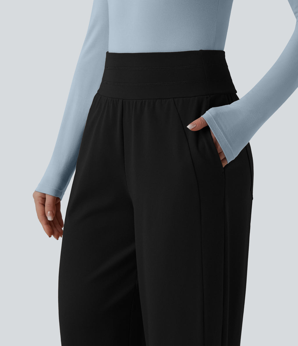 High Waisted Wide Leg Casual Trousers with Pockets — Black — view 4