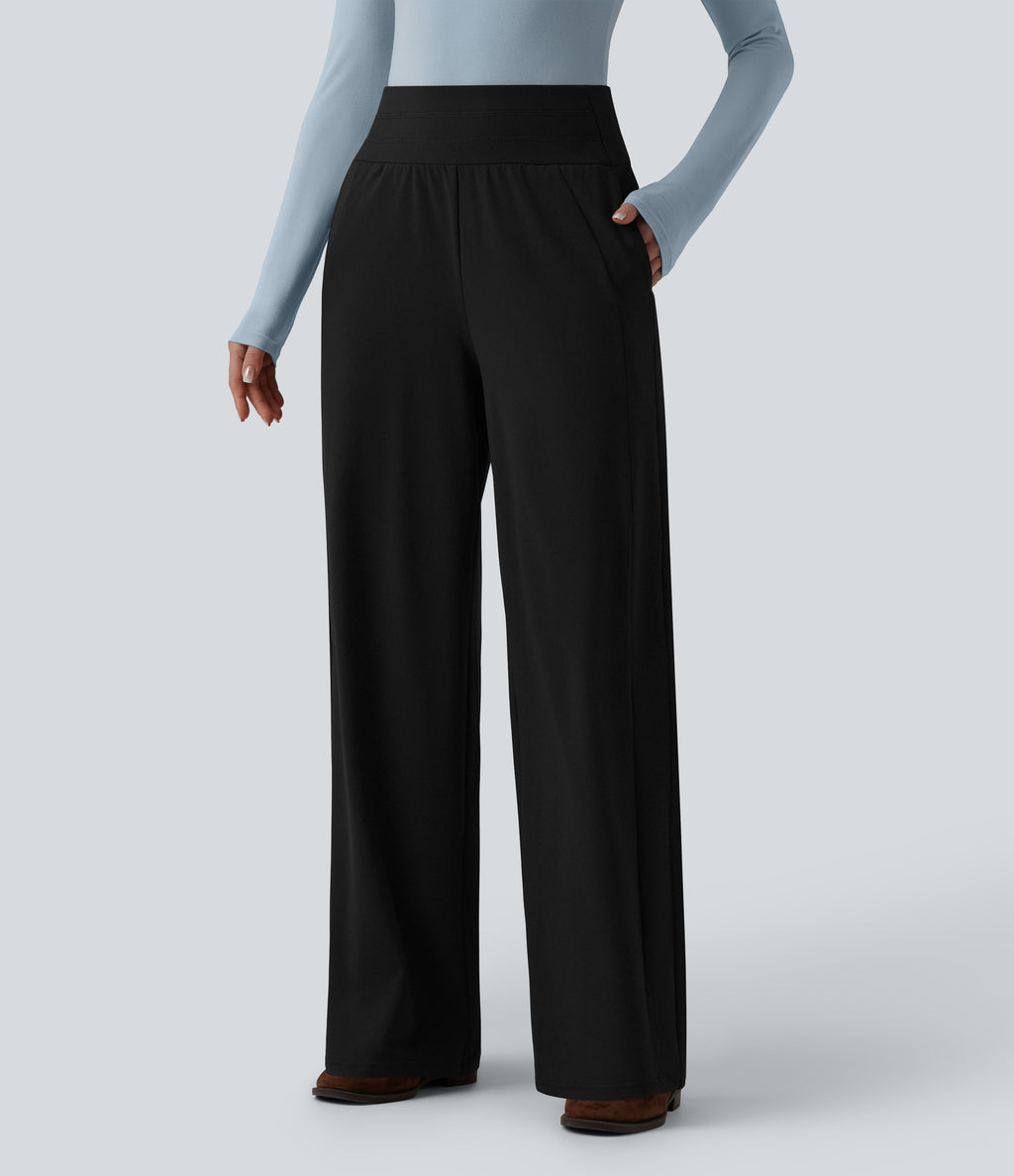 High Waisted Wide Leg Casual Trousers with Pockets — Black — view 3