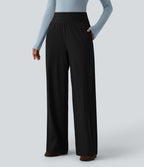 High Waisted Wide Leg Casual Trousers with Pockets — Black — view 3