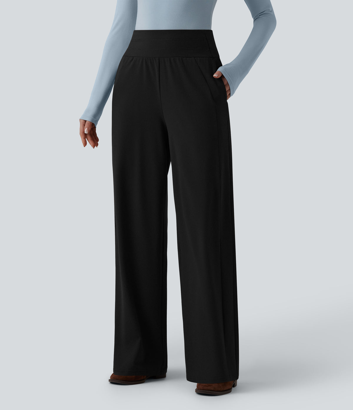 High Waisted Wide Leg Casual Trousers with Pockets — Black — view 3